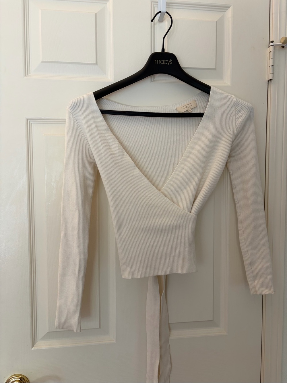 Sezane Cream Ribbed Wrap-Front Long Sleeve Crop Top - Picture 2 of 4